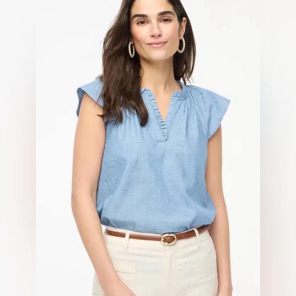 J. Crew Tops - NWT J. Crew Light Blue Ruffle Blouse, Short Flutter Sleeves, Chambray, V-Neck, M
